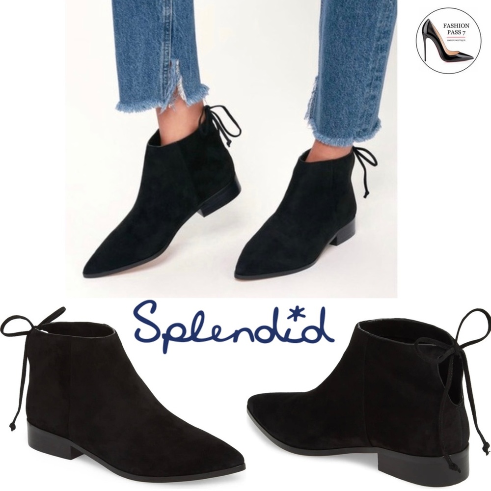 SPLENDID Niva Pointed Toe Fashion Booties Black Suede Leather Flat Ankle Boots 8 - Picture 2 of 6